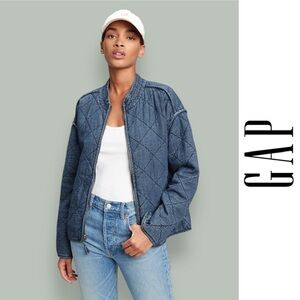 GAP Women's Blue Denim Quilted Bomber Jacket, Size M, MSRP $148
